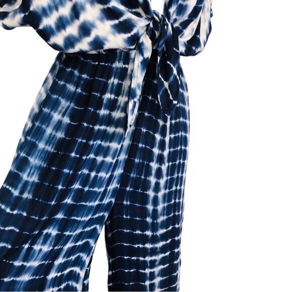 Shein Navy White Tie Dye Palazzo Jumpsuit Plunge Neckline Twisted Knot Front - Picture 6 of 16